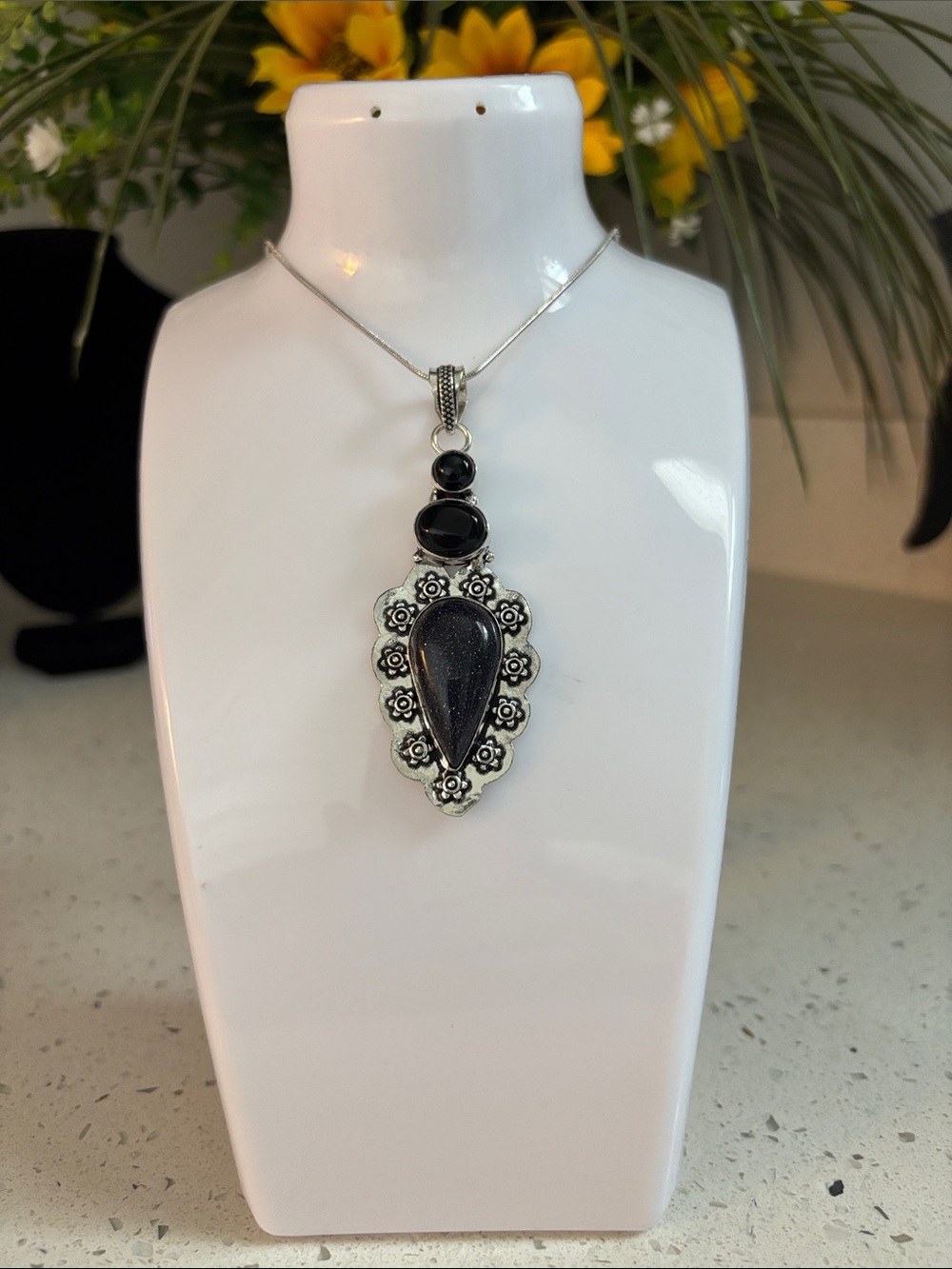 Blue Sunstone & Black Onyx Gemstone Handmade Pendant Necklace